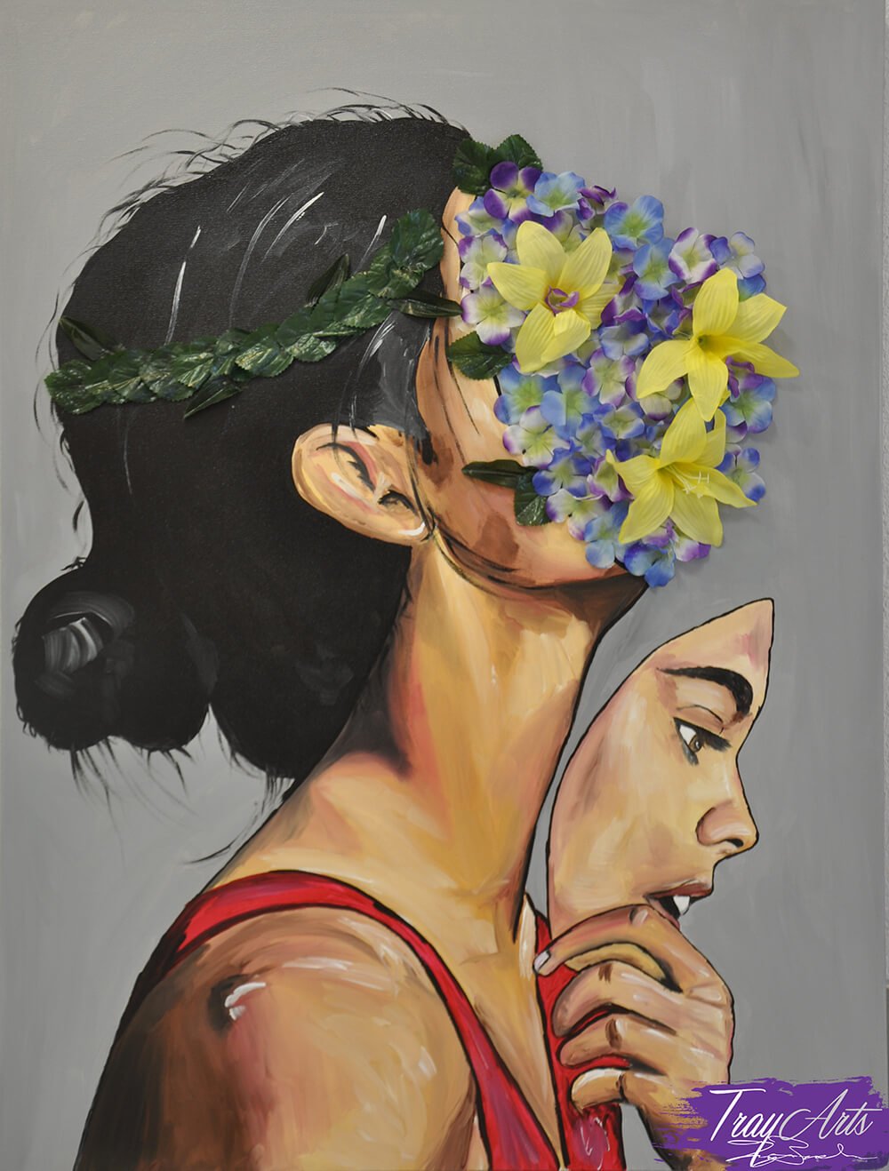 A painting of a woman in profile, flowers covering her face, holding up a mask of her own face