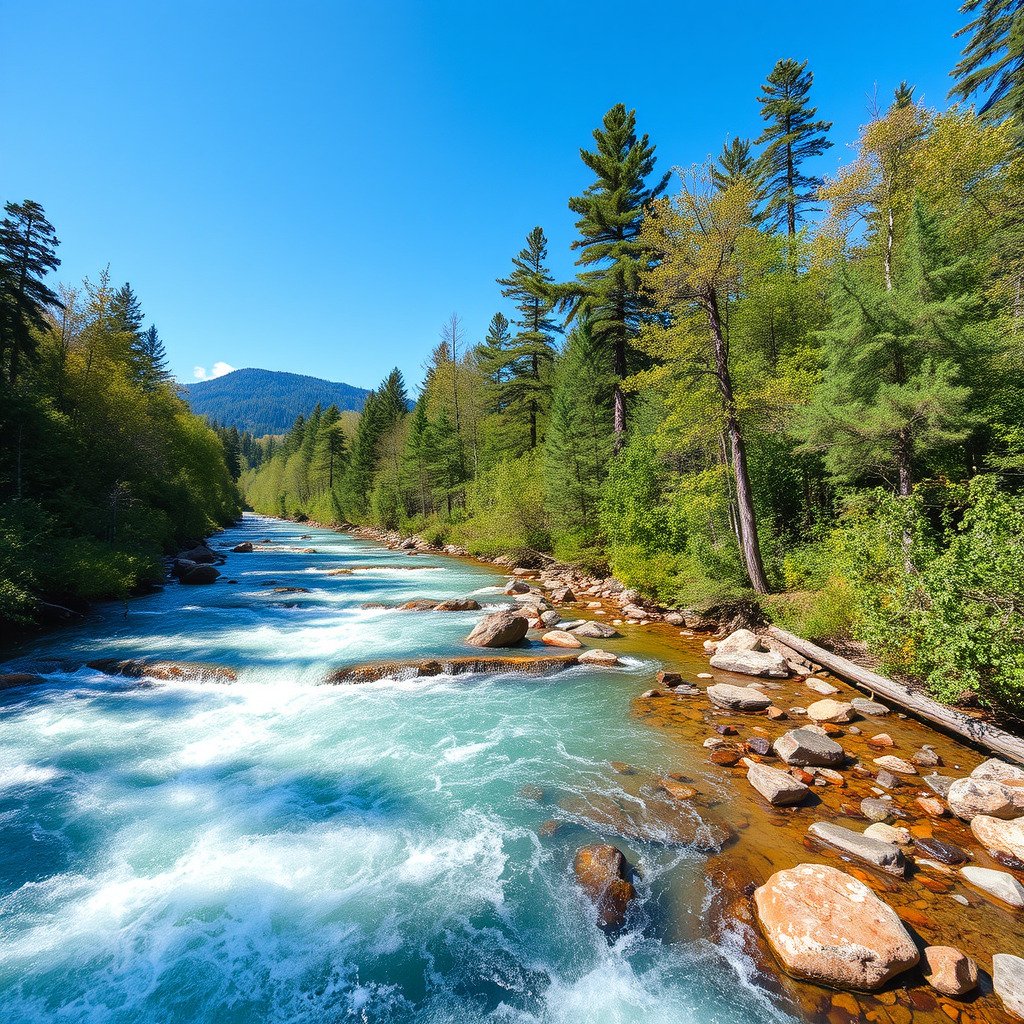 A clear river rushing over rocks between pine-covered banks