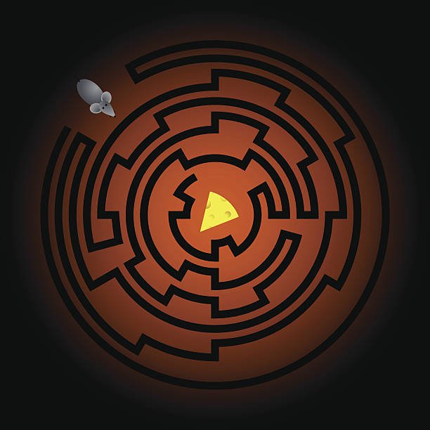 A mouse at the edge of a round maze with a wedge of cheese at its center