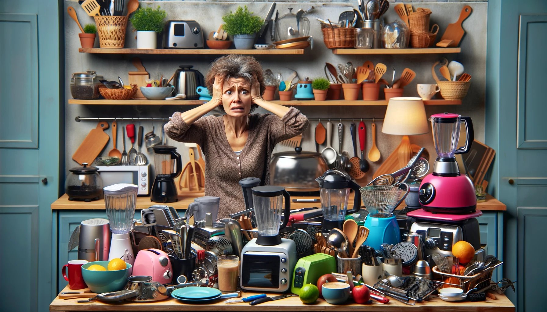 A woman clutching her head in a kitchen crowded with blenders, toasters and gadgets